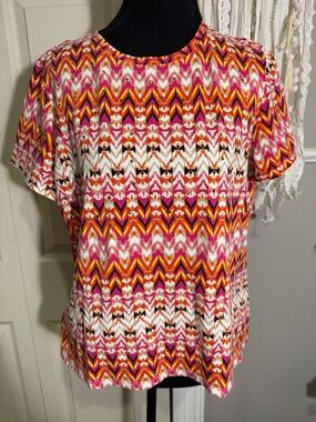 Rafaella Pink & Orange Chevron Print Short Sleeve Crewneck Top
